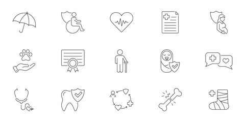 Healthcare And Insurance Line Icons. Medical Protection, Health Services, And Patient Care Outline Symbols. Editable Stroke. Isolated Vector Illustration