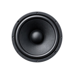 Black speaker on a white isolated background, perfect for sound equipment or audio technology designs.