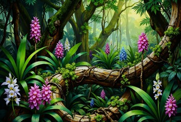 Obraz premium A vibrant tropical forest scene featuring a fallen log surrounded by greenery and colorful flowers, including pink orchids and blue lilies, creating a serene and enchanting atmosphere