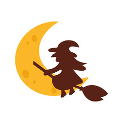 Witch flying on a broomstick across the moon. Flat vector illustration.