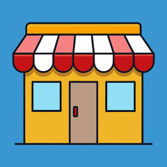 Simple cartoon storefront with awning and windows on blue background shop building