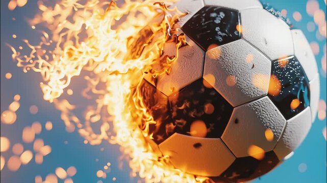 Soccer ball engulfed in fiery sparks, blazing against deep blue backdrop, symbolizing burning passion of competitive soccer gameplay