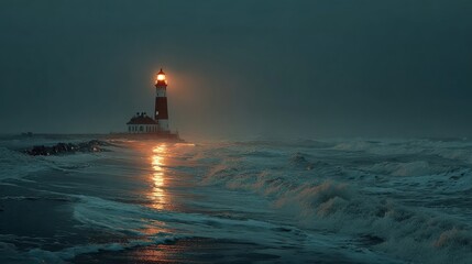 Lighthouse in stormy sea at night