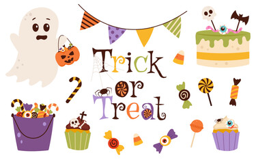 Cute Halloween candy set with trick or treat text and decorations. Flat vector illustration isolated.