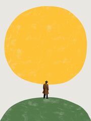 Collage of man in coat looking at large yellow circle with green ground and copy space. Concept of...