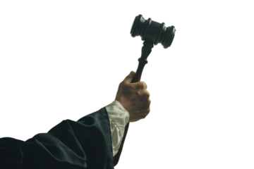 Judge raises gavel in court to announce decision during a legal proceeding in a solemn atmosphere