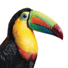 Vibrant Toucan with Colorful Beak Perched Against White Background