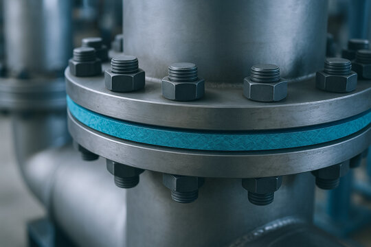 Industrial metal pipe flange with bolts and gasket in energy sector engineering work environment for secure connection