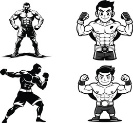 Mixed martial arts fighters sparring,Black and White Vector Illustration Muscular Boxer Fighting Stance Boxing Gloves Intense Expression