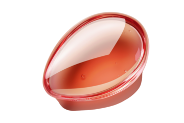 Unique oval-shaped container with a vibrant red lid and transparent top showcasing liquid inside
