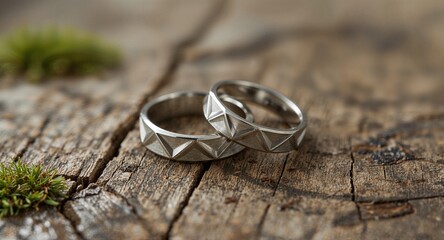 Unique Geometric Silver Wedding Rings on Rustic Wood Surface
