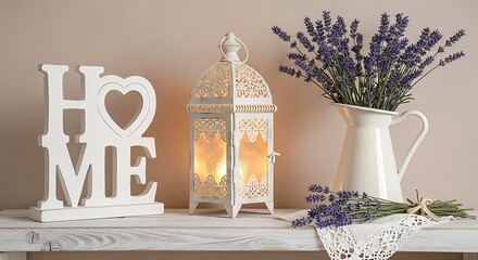 Photo of cozy home decoration with lavender flowers, lantern and wooden text ornament