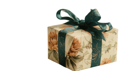 Gift box wrapped in floral paper with teal ribbon perfect for special occasions and celebrations