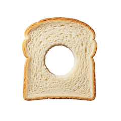 Stale, irregularly shaped white sandwich bread slice with a perfectly drilled circular hole, resting on a seamless transparent background. Concept of precise examination of modification