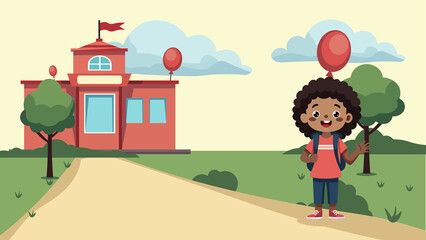 Happy School Kid Standing Outside the School Building - Flat Cartoon Style
