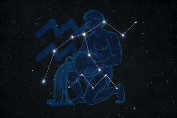 Ghostly spirit like aquarius zodiac sign with visualization of aquarius as a blue translucent spirit on aquarius constellation in a starry night sky.