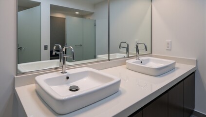 Fototapeta premium Modern bathroom with dual sinks and mirror ideal for interior design or real estate