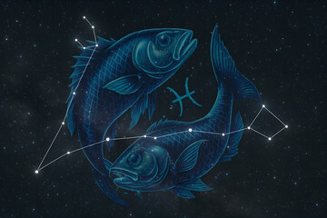 Holographic visualization of the zodiac sign Pisces with the zodiac symbol Pisces, the constellation Pisces on the starry night sky.
