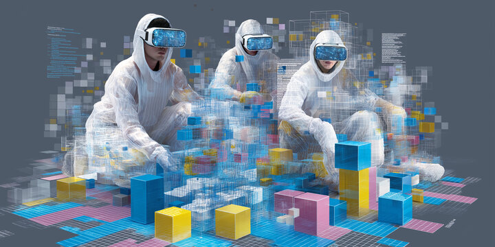 Three individuals wearing virtual reality headsets and protective suits are engaged digital environment, manipulating colorful virtual blocks. scene suggests futuristic approach to digital - Powered by Adobe