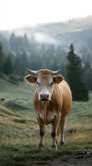 Cow in a Misty Mountain Pasture Picturesque Landscape