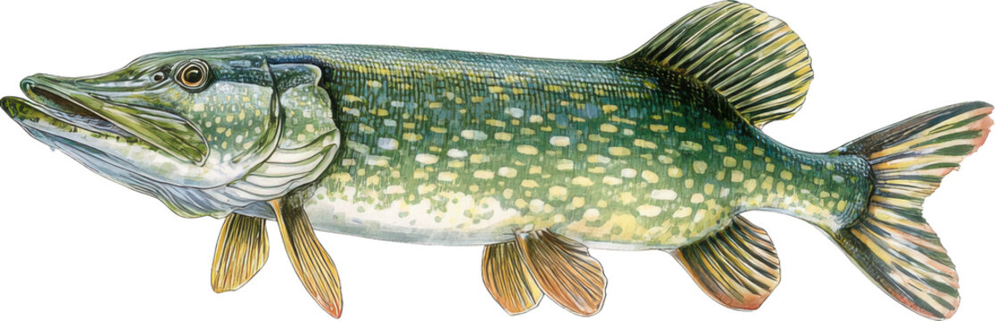 Detailed illustration of a northern pike fish swimming isolated on a transparent background
