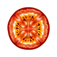Vibrant red tomato slice with translucent pulp and glowing seeds, perfectly circular, isolated on a solid transparent background with intense backlighting. Concept of perfect nature and microcosm