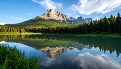 Serene mountain lake reflecting sunrise