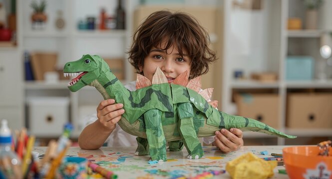 Happy young boy proudly displaying his handmade paper mache dinosaur during an art and craft activity at home.