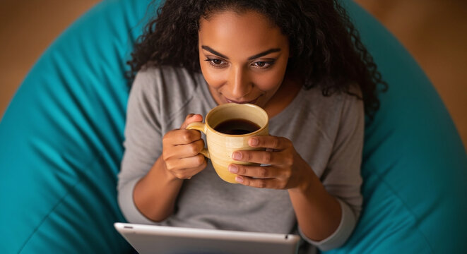 Woman with curly hair drinking coffee while using a tablet on a blue beanbag chair indoors
