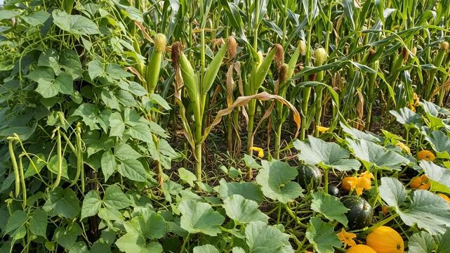 Three Sisters companion planting in a lush summer garden. Corn, beans, and squash growing together in a sustainable agricultural system.