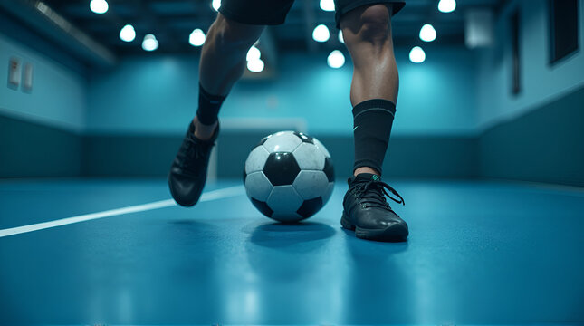 Indoor Soccer Player Dribbling Ball on Blue Futsal Court - Powered by Adobe