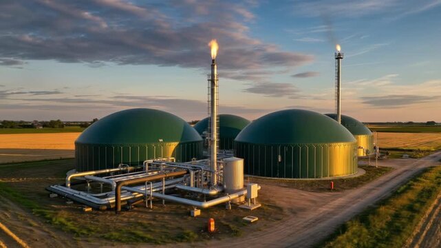 Biogas Digesters in Countryside &mdash; Circular Economy Energy (No Logos, No People)