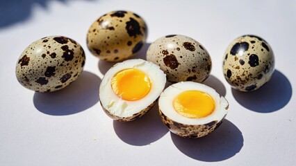 Obraz premium here are several quail eggs on a white background, among which one is cut in half and placed on a small plate, revealing the yolk.