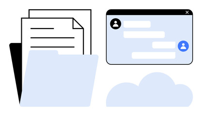 Folder with files, cloud symbol, and chat window interface. Ideal for collaboration, communication, data sharing, cloud storage, productivity, remote work simple landing page