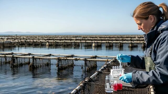 Woman scientist testing water quality at an oyster farm. Marine biologist conducting environmental research in aquaculture. Seafood industry worker monitoring water samples.