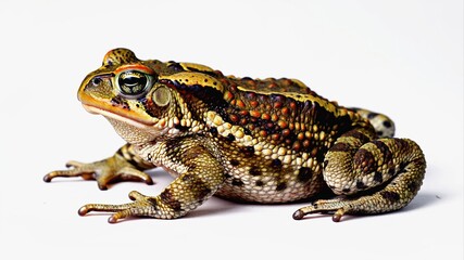 Obraz premium A bright toad with pimply skin and yellow-orange spots on its back, as well as brown stripes on its legs, sits against the background of moist nature, creating a unique image of wild fauna.