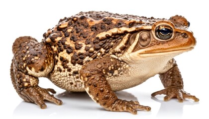 Fototapeta premium On a light gray background there is a large toad with pimply skin mixed with brown, beige and red shades. Golden eyes with dark pupils emphasize her uniqueness and character.