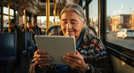 An elderly woman using a tablet on a bus looking at the screen with a gentle smile on her face