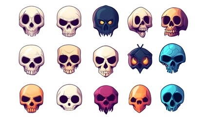 Digital illustration of stylized skulls in various colors, presenting a cartoonish and slightly menacing aesthetic.