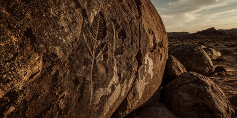 Ancient rock art depicting a tree and animal figures on a large boulder in a desert landscape