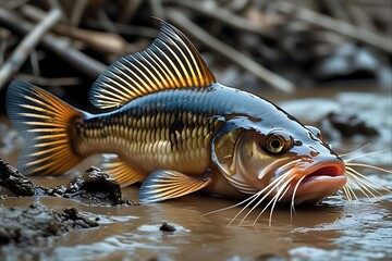 Carp in shallow water with mud, sticks, and natural light
