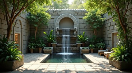 Fototapeta premium Tranquil Garden Fountain Surrounded by Lush Greenery and Flowers, Serene Courtyard Fountain with Lush Tropical Landscaping