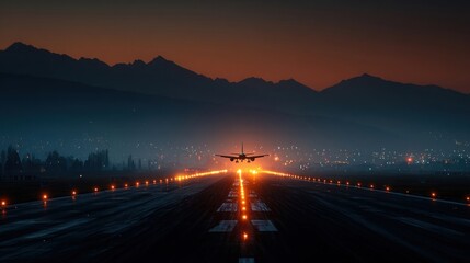 Obraz premium Lone aircraft taxiing with illuminated path at dusk under a clear twilight sky
