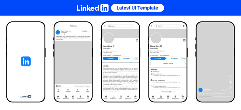 LinkedIn Mobile UI Template Mockup with Transparent Background Showing Profile Page, Job Post Feed, and App Interface with Buttons for Like Comment, Repost, and Send in Smartphone Vector