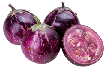 Freshly harvested eggplants showcasing vibrant color and unique patterns, cut open to reveal inner seeds and texture