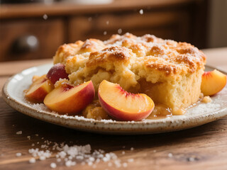 Homemade peach cobbler with golden biscuit topping and caramelized filling, garnished with fresh peach slices and sugar sprinkles on a ceramic plate in warm country kitchen light