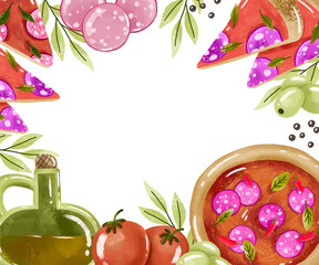 Horizontal border frame with food. Pizza design card. Hand drawn illustration