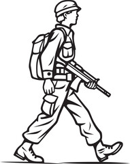 Naklejka premium Vector Black Icon of Walking Soldier Carrying Weapon Soldier Walking with Gun Vector Black Logo Illustration