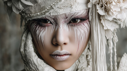 A young Japanese woman , white shironuri make-up, wearing fashionable avant garde clothes in the style of 18th century French