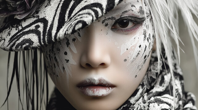 A young Japanese woman , white shironuri make-up, wearing fashionable avant garde clothes in the style of 18th century French